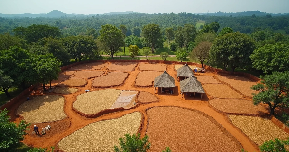 Aerial view of cocoa beans drying in the sun in West Africa, with farmers working and villages in the background. 