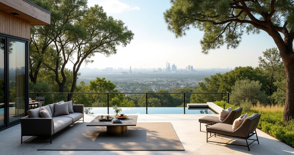 Hilltop patio with view of downtown Austin skyline in Westlake