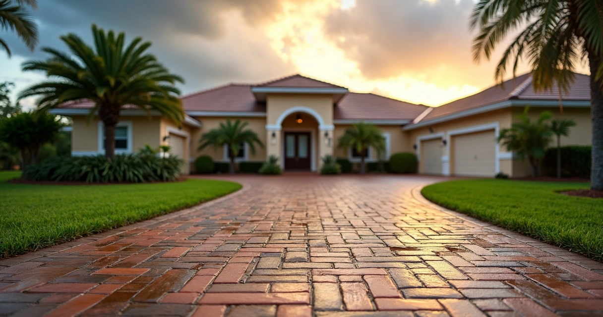 Florida paver driveway drying after storm with subtle water puddles 