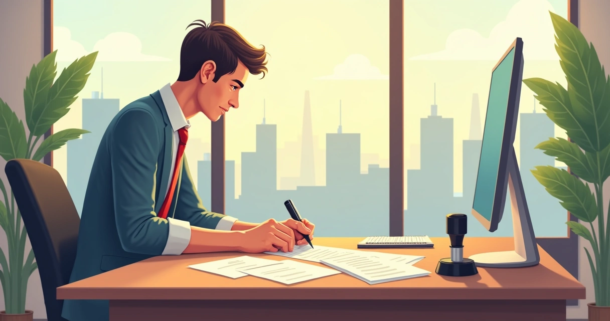 Person signing paper document on a desk.