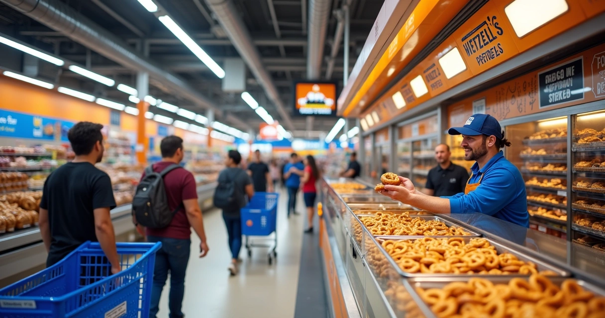Balcão da Wetzel’s Pretzels dentro de loja do Walmart em área movimentada 