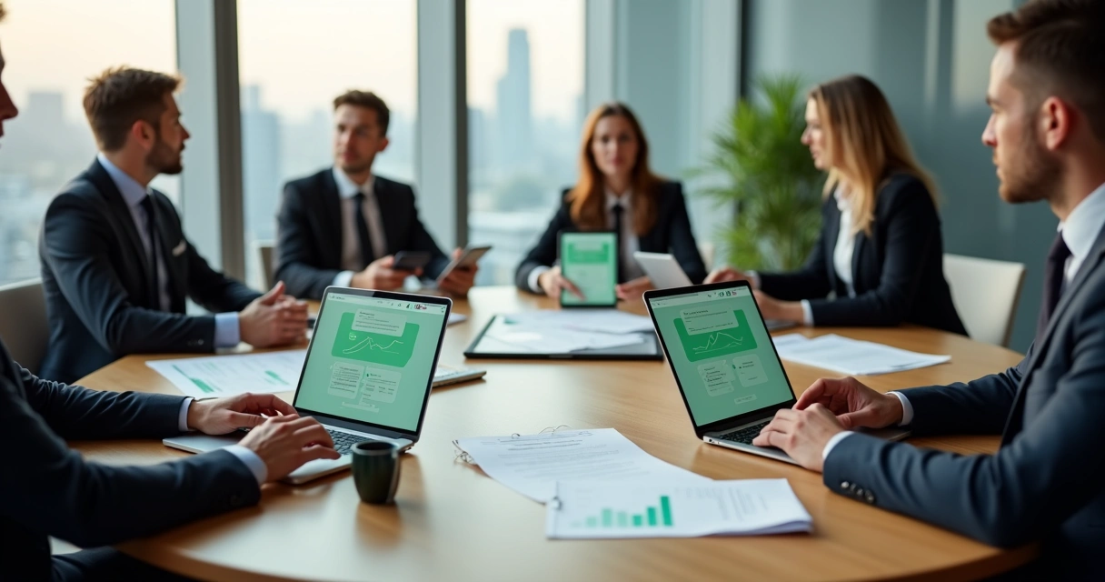 Equipe de advocacia sentada em mesa redonda analisando contratos e chats no WhatsApp 