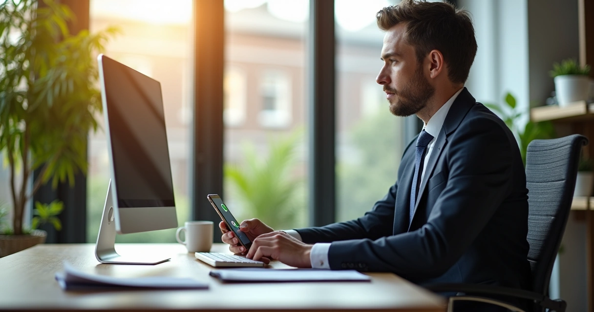 Advogado atendendo cliente pelo WhatsApp no escritório 
