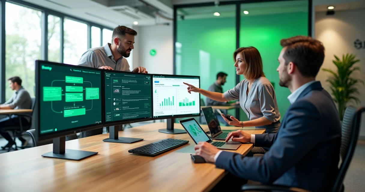 Equipe de agência analisando painéis de WhatsApp Business API em monitores 