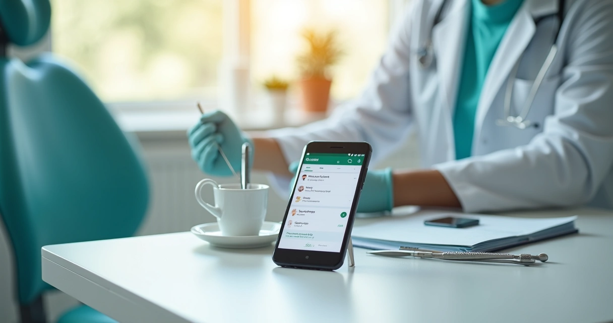 Celular com tela do WhatsApp mostrando conversa de atendimento odontológico 