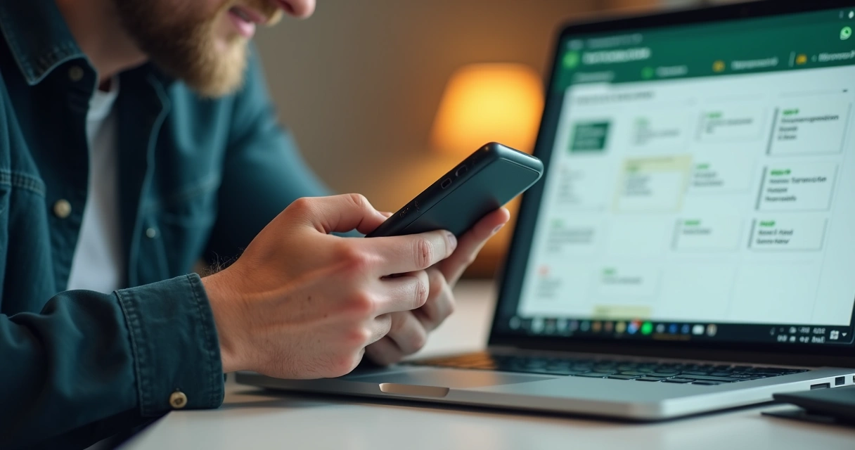 Técnico mexendo no celular com WhatsApp aberto ao lado de agenda digital 