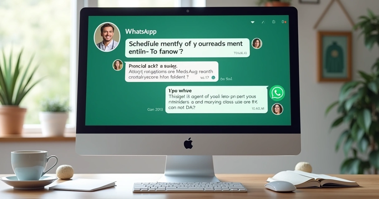 WhatsApp aberto em tela de computador mostrando conversa automática agendando consulta odontológica. 