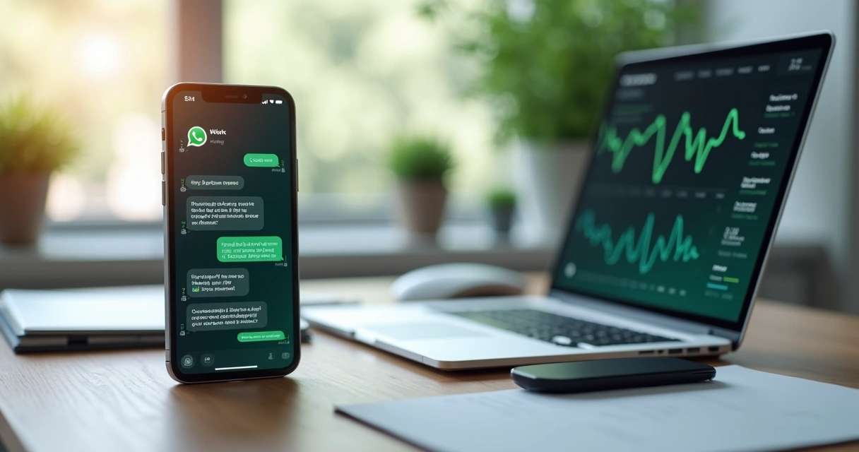 Smartphone screen displaying a WhatsApp chat with an AI bot responding instantly in a modern office setting with a laptop and digital sales dashboard on the desk 