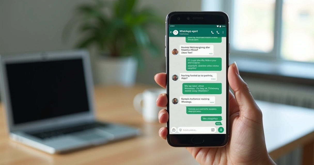 Smartphone screen displaying WhatsApp AI chat with customer support agent replying instantly 