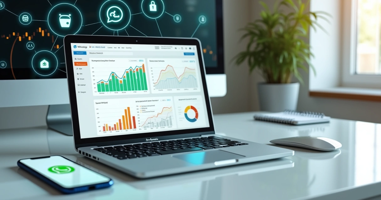 Marketer analyzing WhatsApp groups data on a laptop with analytics dashboard 