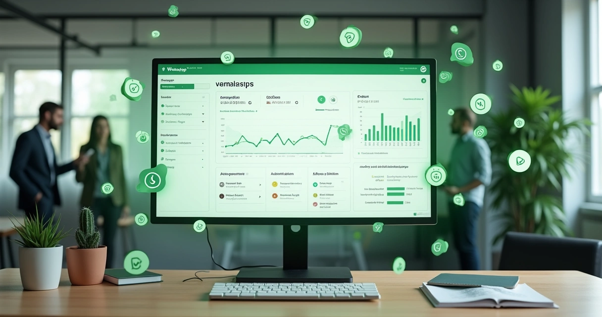 Painel com gráfico estável e ícones de WhatsApp representando segurança e prevenção de bloqueio 