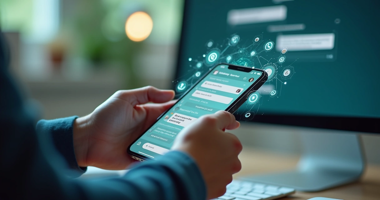 Interface do WhatsApp em smartphone com ícone de engrenagem de automação 