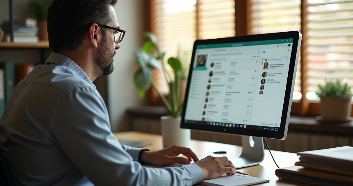 Vendedor atendiendo clientes por WhatsApp desde navegador en escritorio limpio 