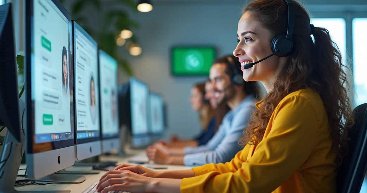 Equipe de atendimento com telas exibindo conversas de WhatsApp e chatbot, ambiente claro e moderno 