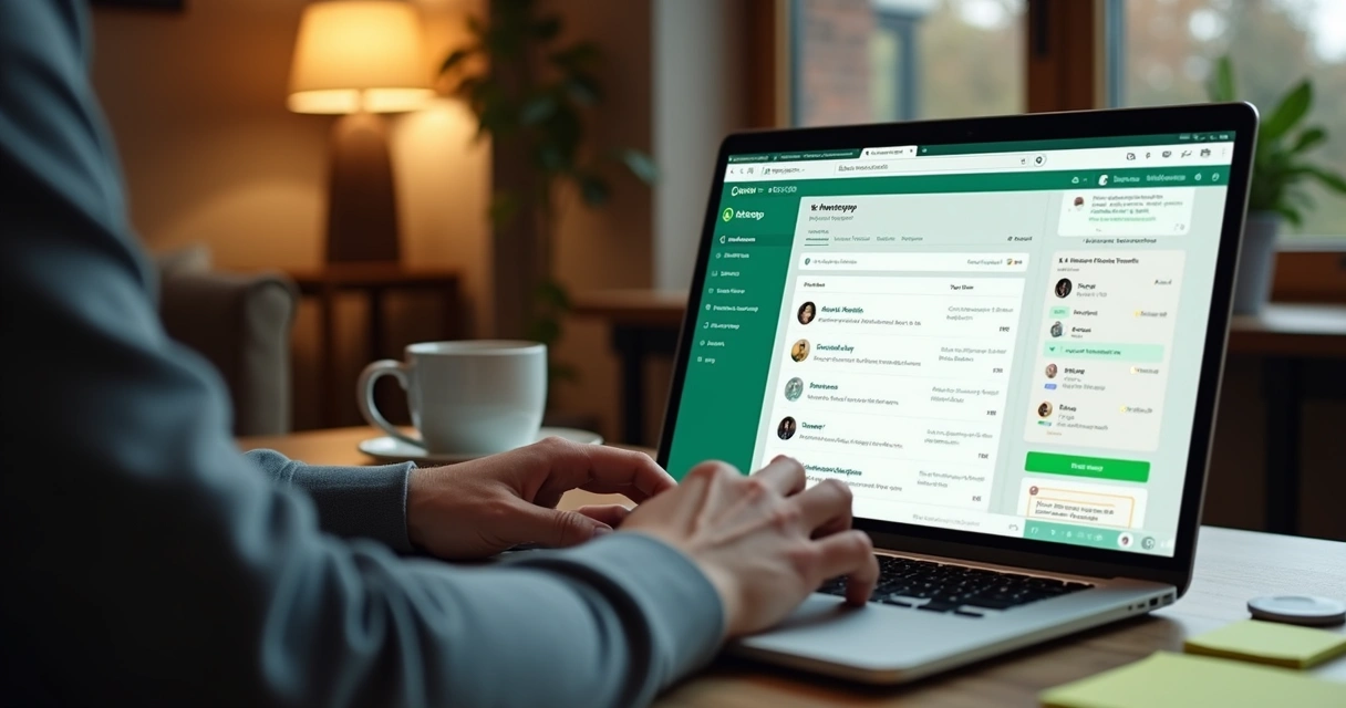 Pessoa digitando em notebook usando WhatsApp Web; tela mostra mensagens automatizadas sendo enviadas 