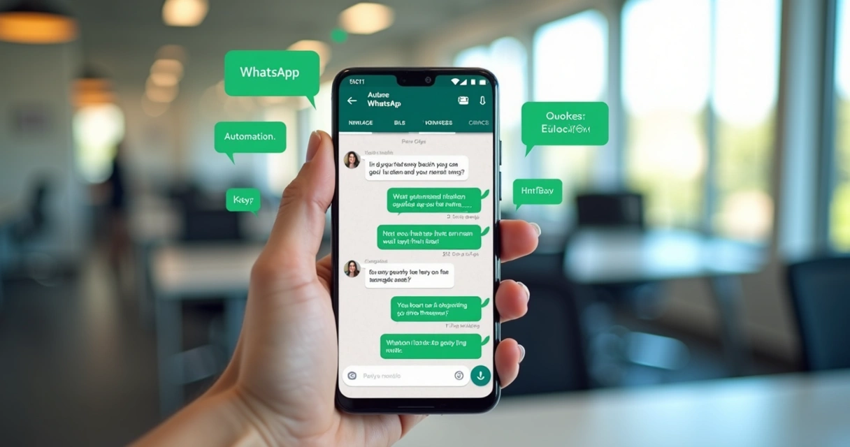 Tela de smartphone mostrando conversa automatizada no WhatsApp com mensagens de atendimento ao cliente 