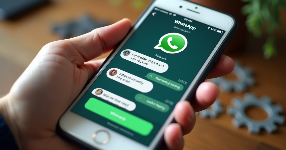 Celular mostrando conversa automática de atendimento no WhatsApp, com ícones de automação ao redor 