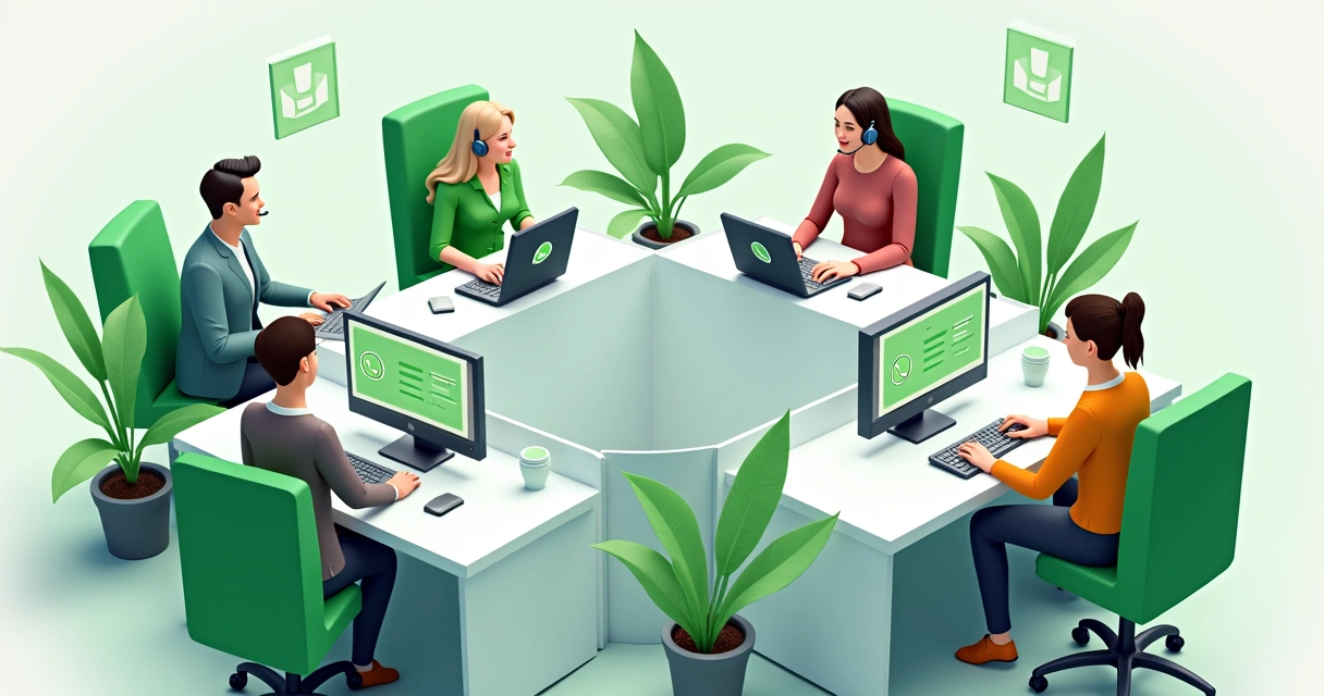 Equipe de atendimento de empresa usando WhatsApp em ambiente moderno, computadores e celulares na mesa 