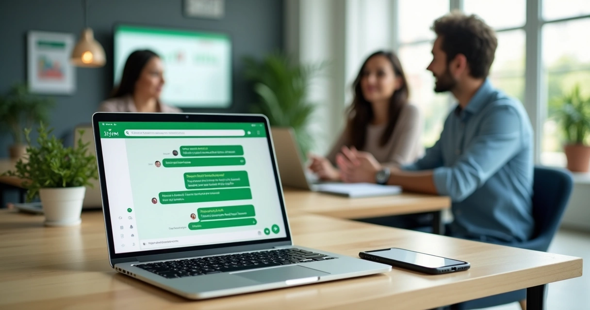 Equipe de marketing atendendo clientes pelo WhatsApp em ambiente de escritório moderno 