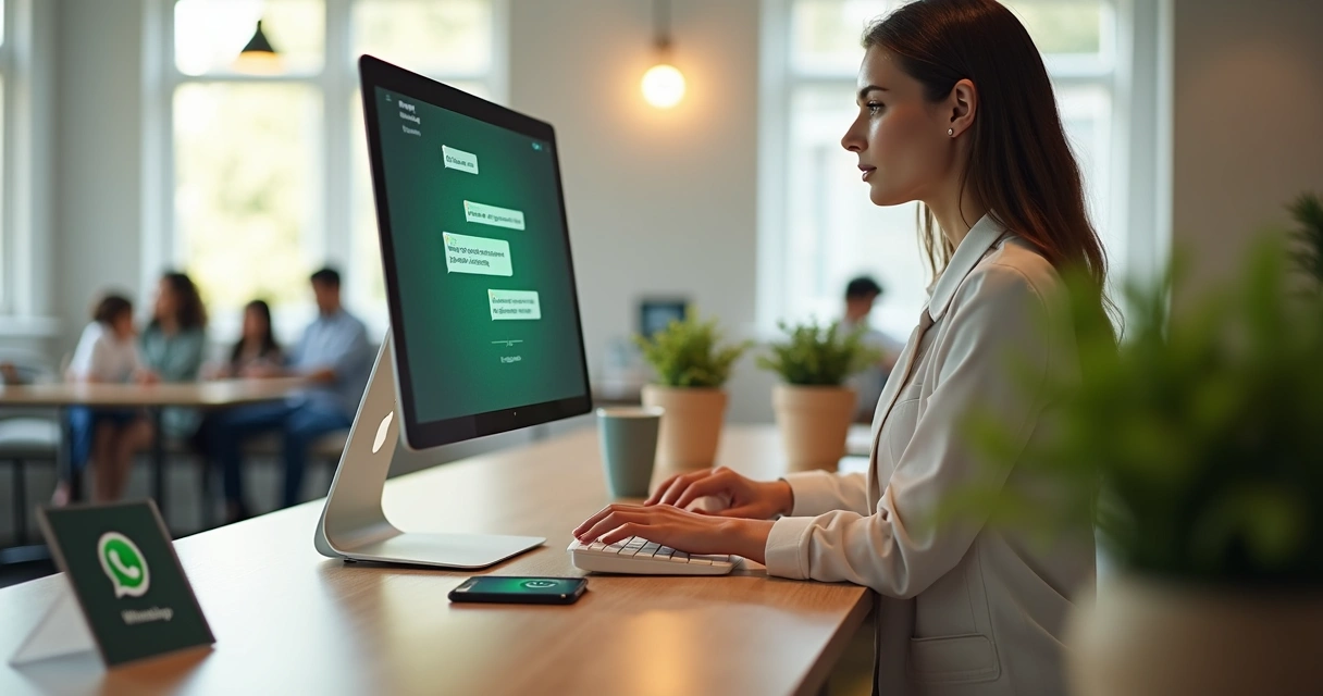 Atendente de clínica responde mensagens de WhatsApp no computador em ambiente acolhedor 