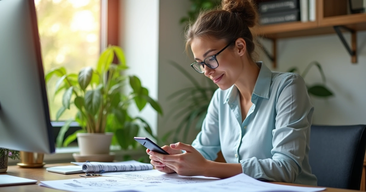 Corretor de imóveis usando WhatsApp em smartphone ao lado de mesa com computador e plantas de imóveis 