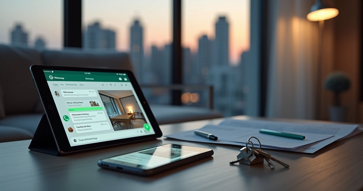 Cliente consulta imóvel no celular com conversa de WhatsApp aberta ao lado de planta baixa digital 
