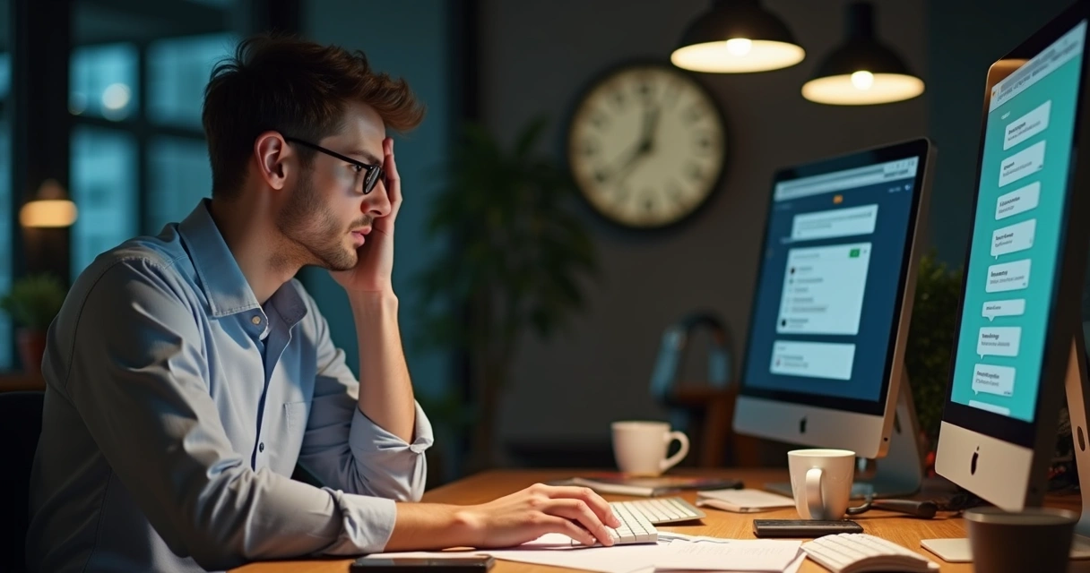 Profissional digitando manualmente no WhatsApp em ambiente de trabalho