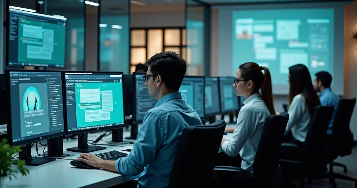 Equipe de atendimento usando computadores para responder leads no WhatsApp 