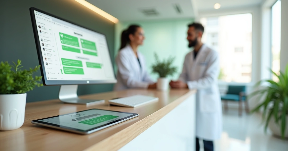 Dentista usando tablet com tela de WhatsApp automatizado para agendamento de pacientes 