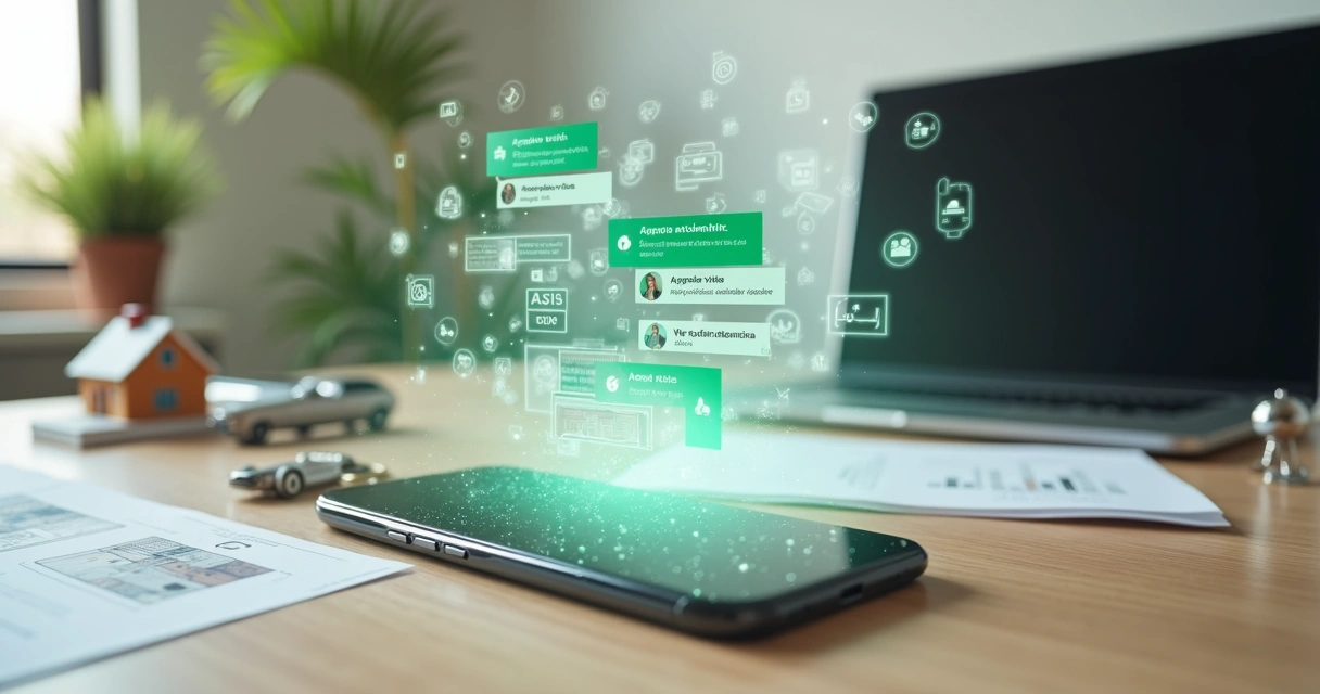 Smartphone exibindo conversas automatizadas de WhatsApp com dados de imóveis e veículos em fundo digital 