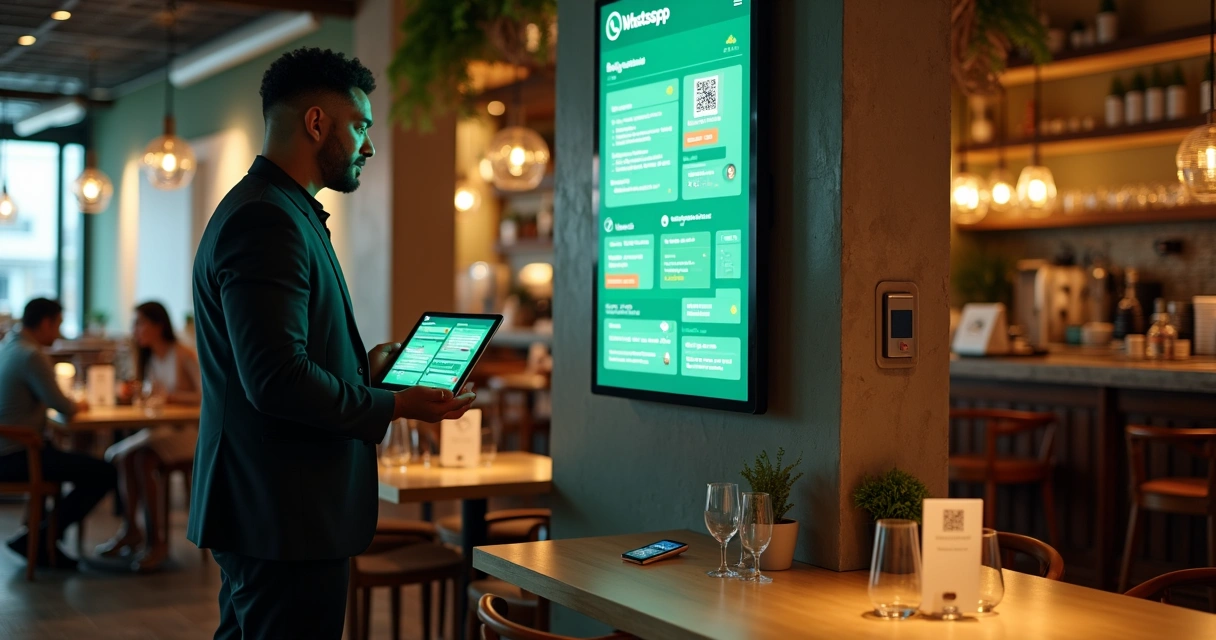 Gestor de restaurante acompanhando automação de pedidos pelo WhatsApp em tela grande 