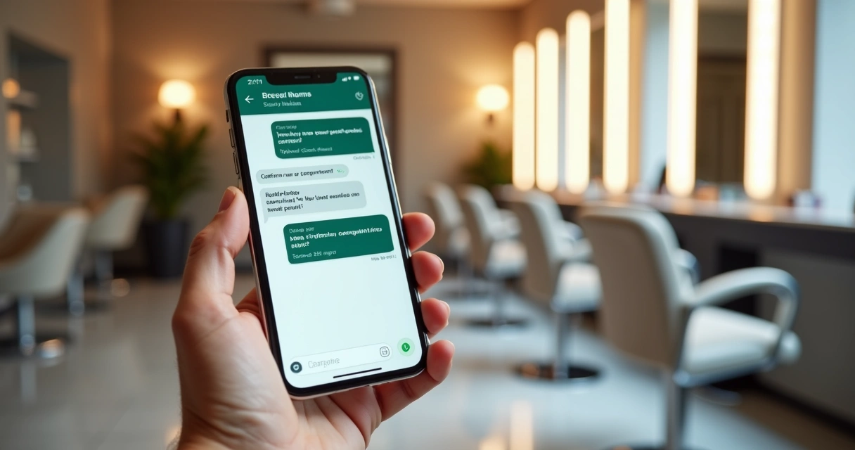 Smartphone mostrando tela do WhatsApp aberta com mensagens automáticas em ambiente de salão de beleza moderno com cadeiras e espelhos ao fundo 