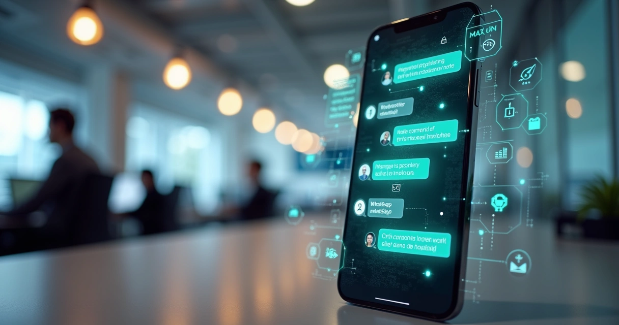 Interface de WhatsApp mostrando chat automatizado com ícones de inteligência artificial e funis interativos em tela colorida 