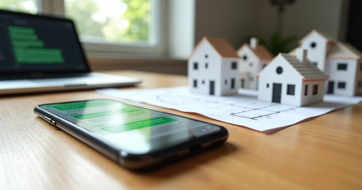 Tela de celular com WhatsApp aberto exibida ao lado de miniaturas de imóveis em uma mesa. 