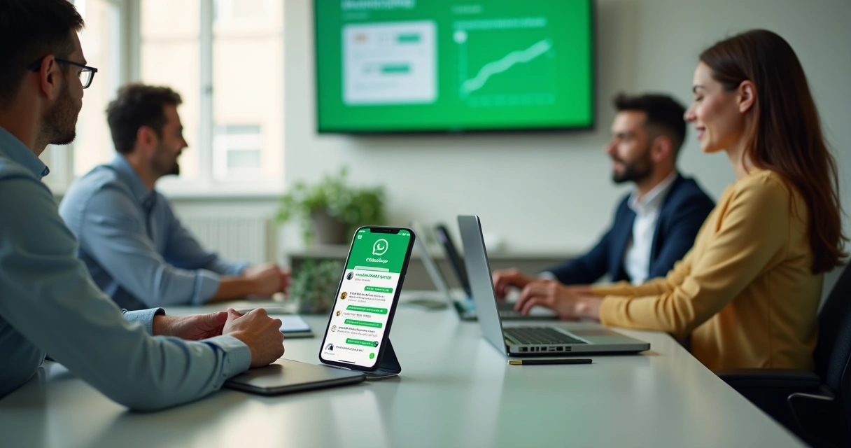 Equipe B2B em escritório trocando mensagens no WhatsApp Business 