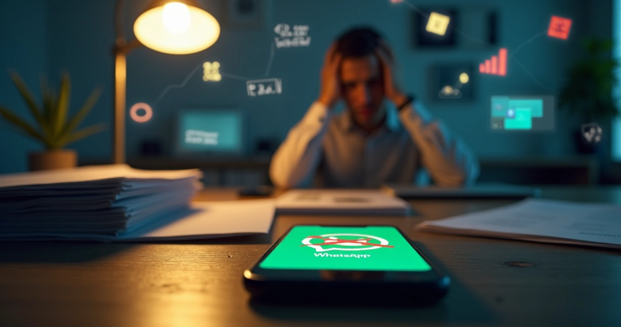 Dueño de negocio mira un celular con ícono de WhatsApp bloqueado y billetes difuminados al fondo 