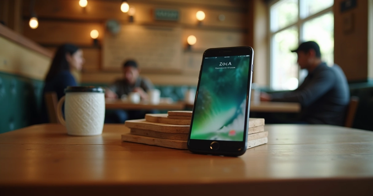 Celular com tela de bloqueio do WhatsApp e notificação de perigo na bancada de restaurante 