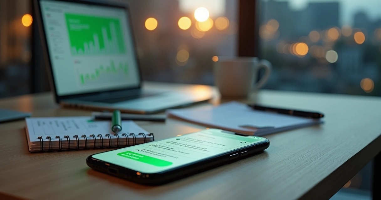 Profissional de BPO financeiro escrevendo mensagens de vendas no WhatsApp em mesa de trabalho moderna 