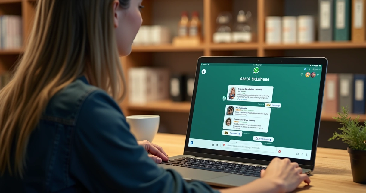 Atendente virtual interagindo com cliente pelo WhatsApp Business na tela de um notebook 