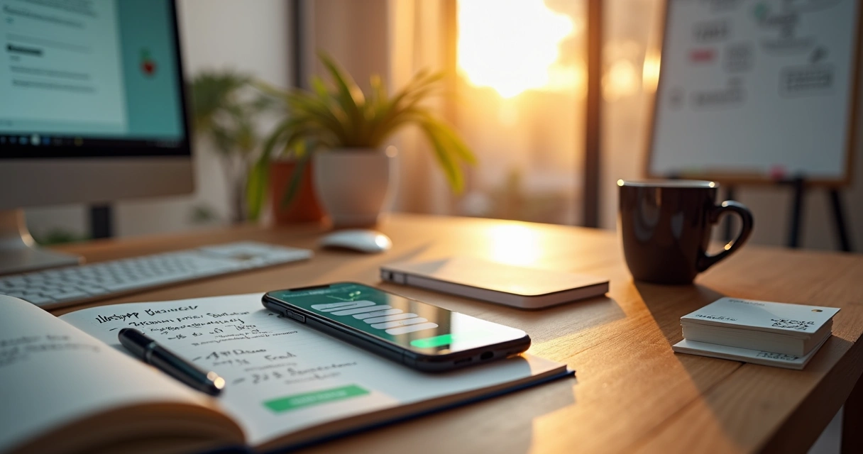 Smartphone com WhatsApp Business aberto ao lado de mesa com anotações de vendas de BPO 