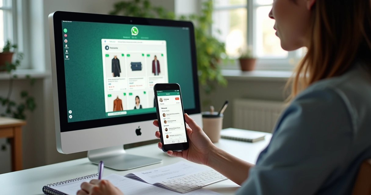 Businesswoman chatting with client on WhatsApp and showing product catalog