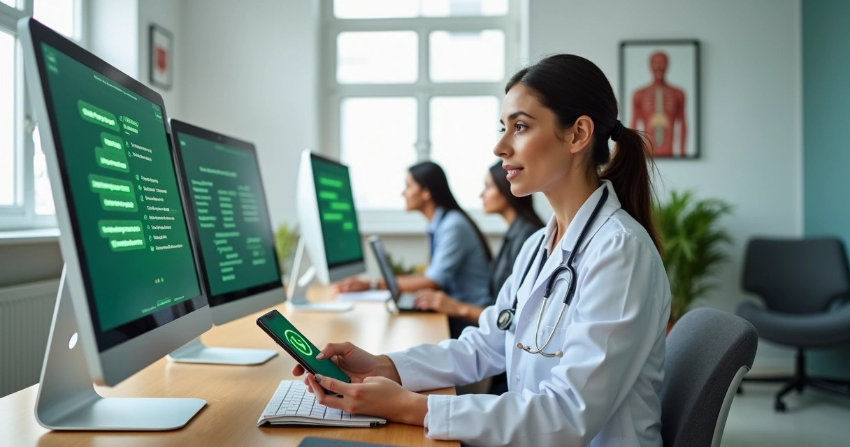 Médica usando WhatsApp Business no computador e celular na recepção da clínica 