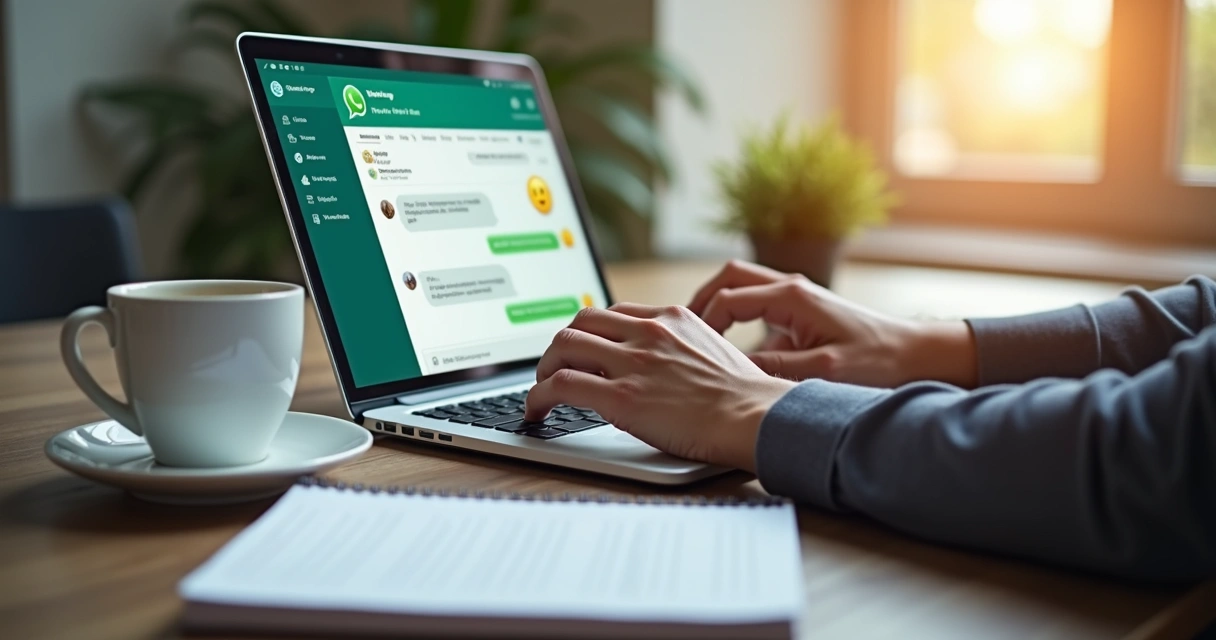 Pessoa digitando no WhatsApp Web em notebook, tela mostra avaliação positiva 