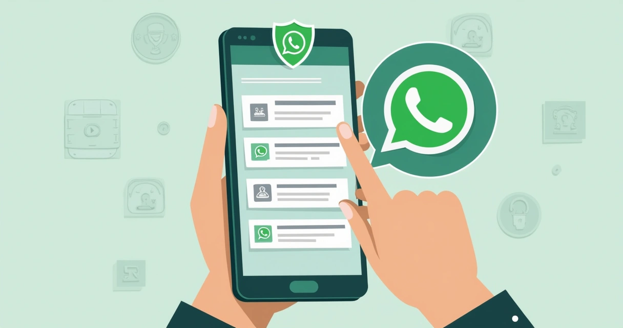 Mão segurando celular com WhatsApp e escudo de proteção na tela