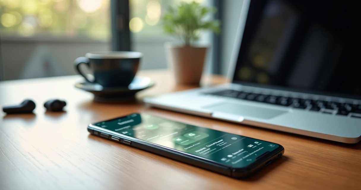 Tela de celular exibindo funcionalidades do WhatsApp Business em ambiente de trabalho moderno 
