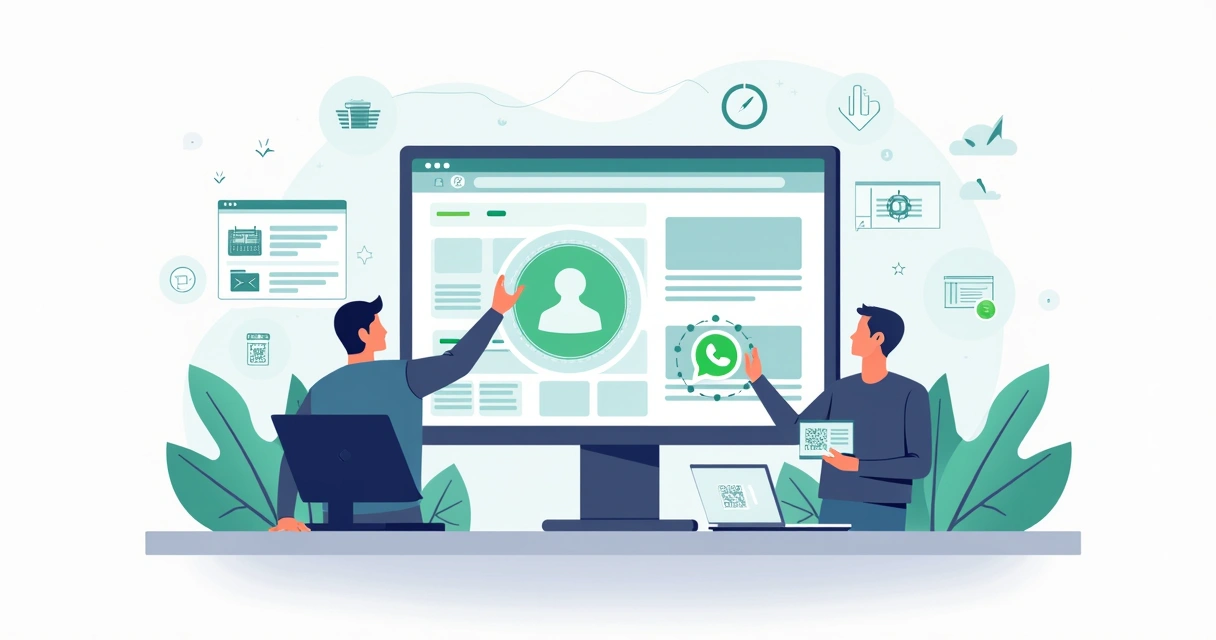 Web designer conectando ícone do WhatsApp Business a layout de site em tela grande 