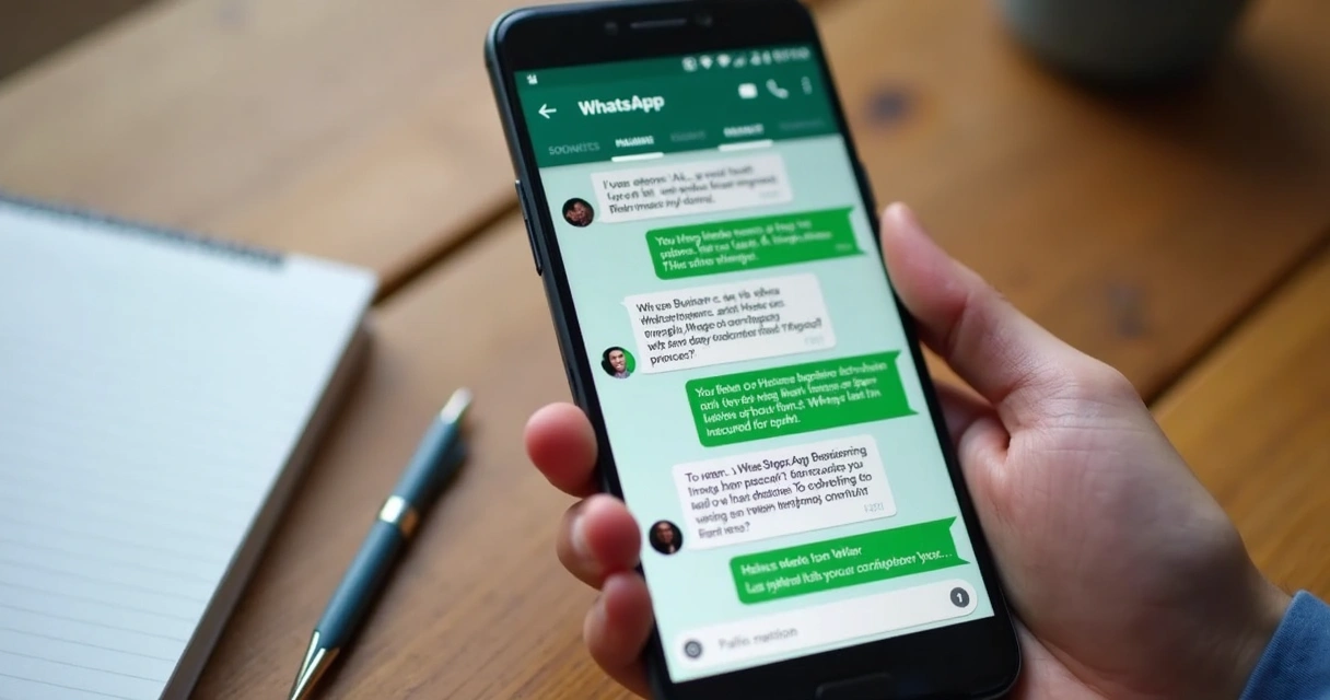Smartphone displaying WhatsApp Business bot reply to customer