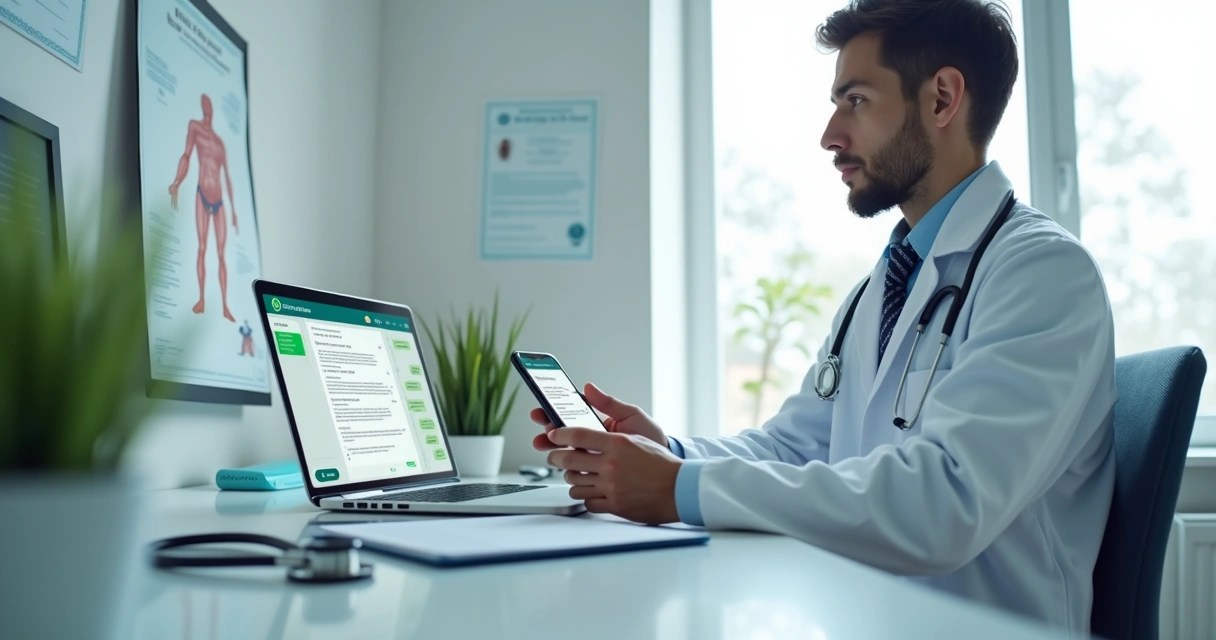 Médico usando WhatsApp Business no consultório para atender pacientes de forma profissional 