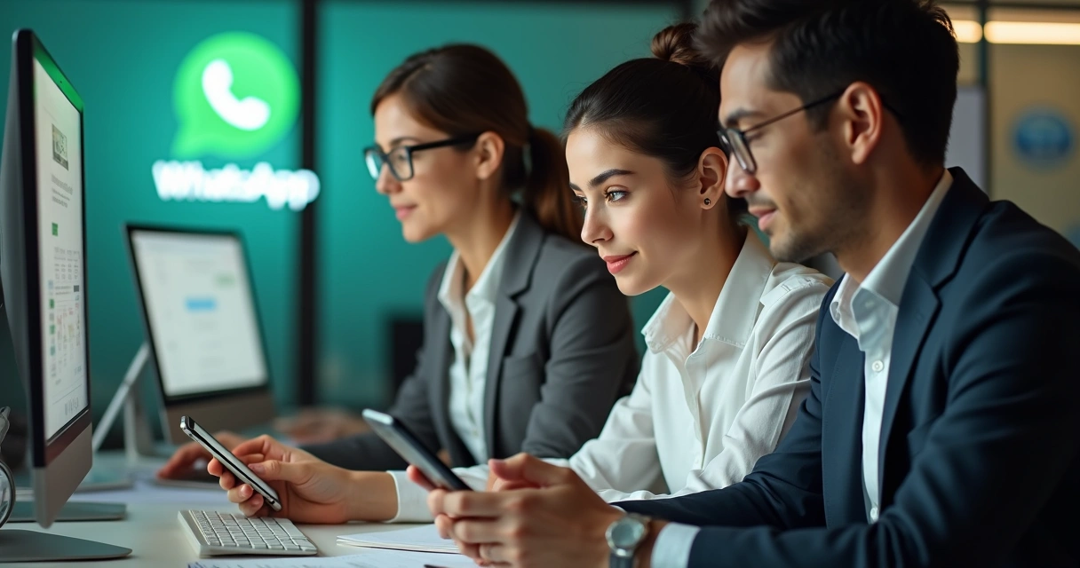 Equipe de pequena empresa utilizando WhatsApp Business para atendimento a clientes