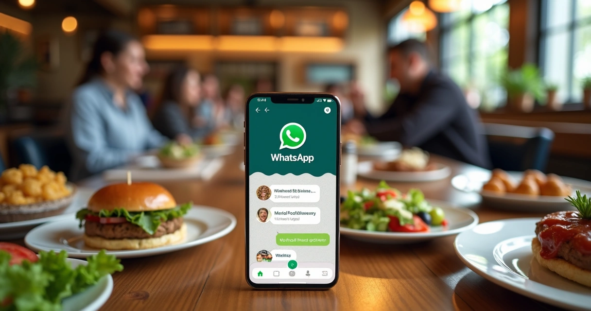 Mesa de restaurante com smartphone aberto no WhatsApp Business exibindo conversa de delivery e pratos de comida ao redor 